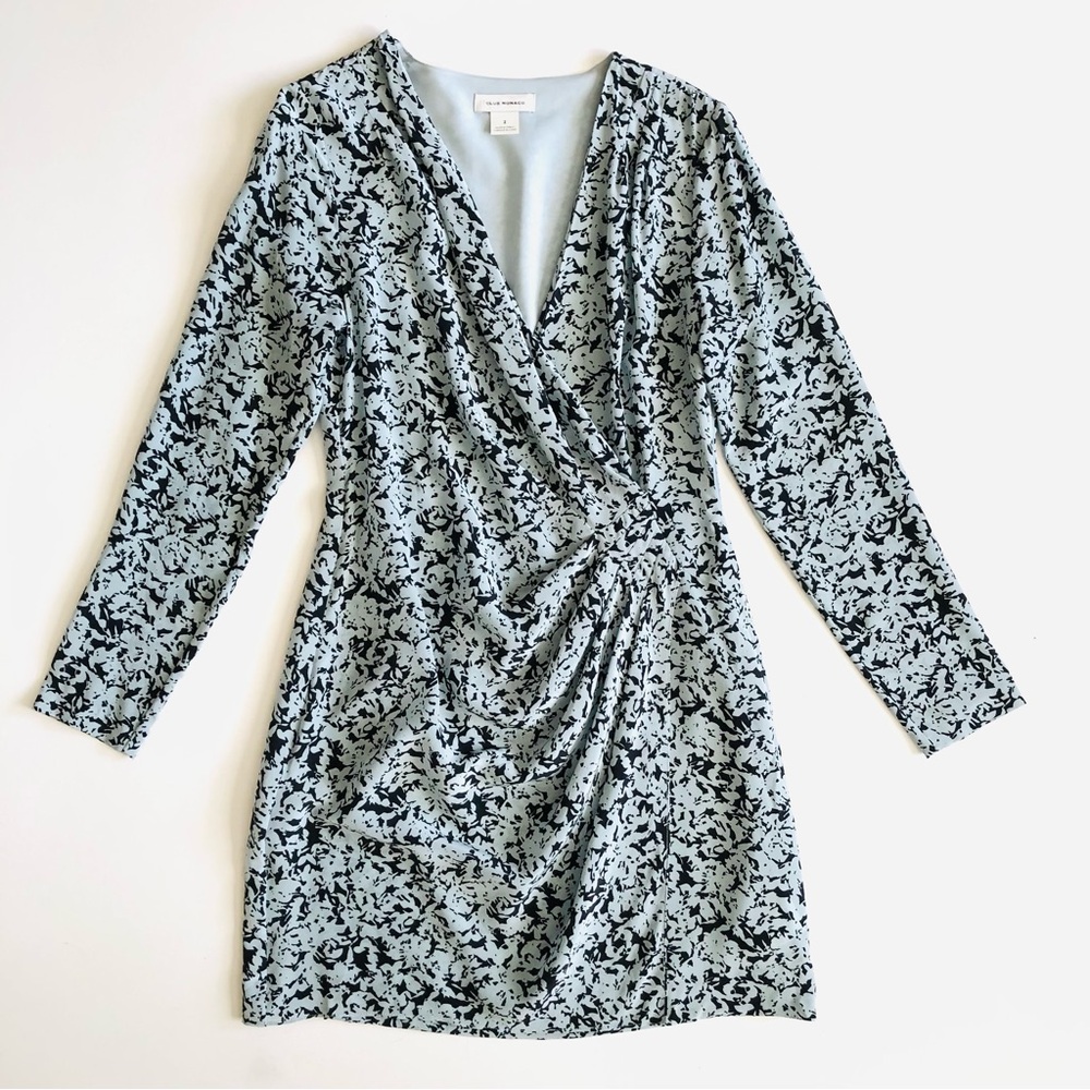 Club Monaco Patterned Dress Side Drape Blue Black Long Sleeve Size 2